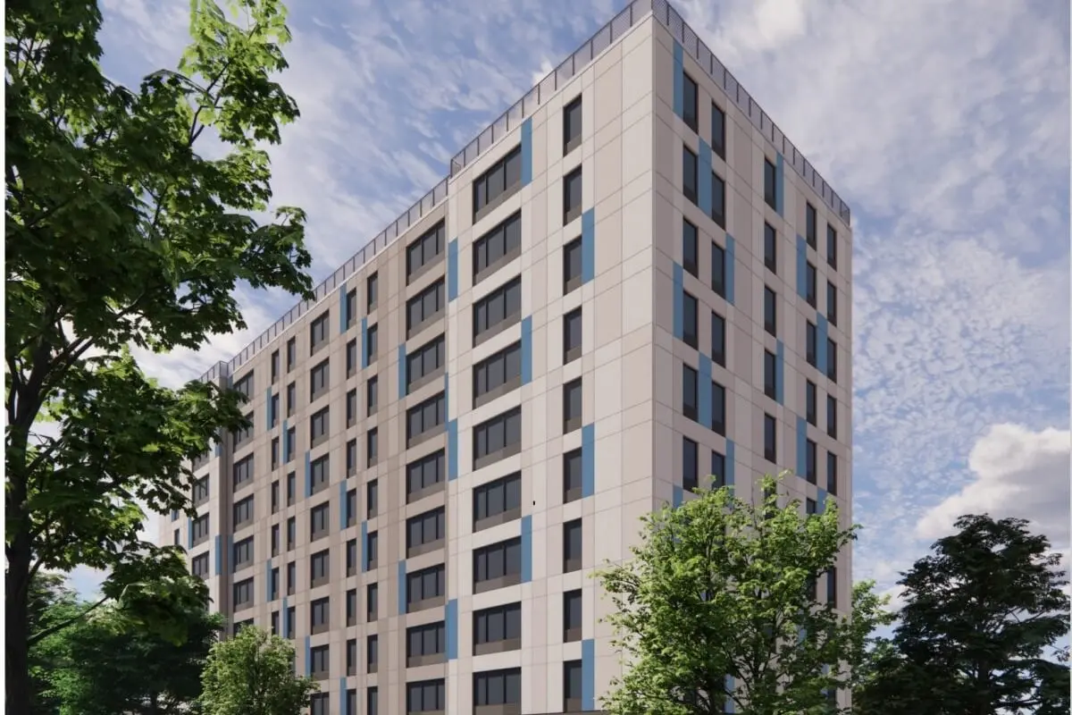 Rendering of the renovated Franklin Towers facade with new windows and blue accent panels