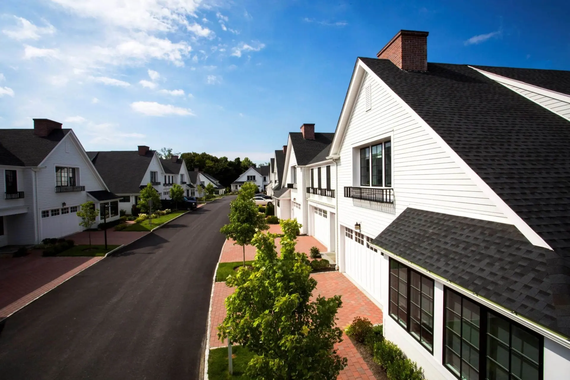 Elevated view along a street of Kingfield townhomes