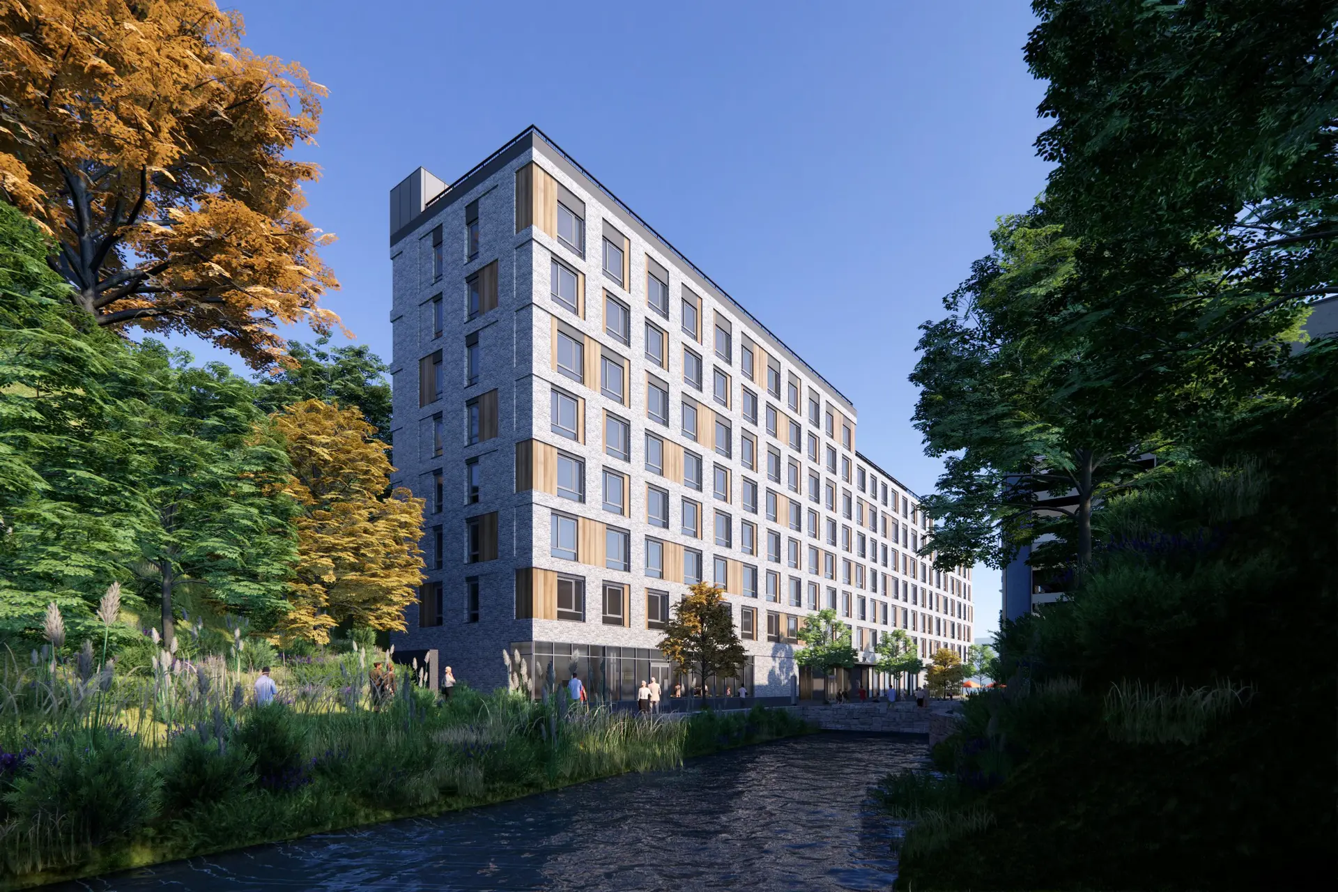 Rendering of the Station Plaza building rising beside the Sing Sing Kill
