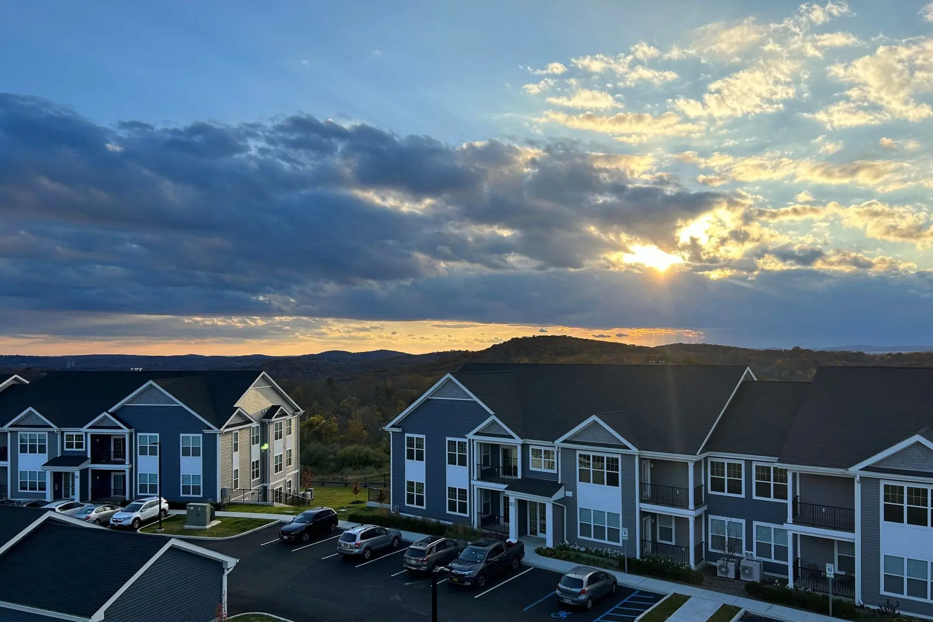 Elevated view across the Westview buildings at sunset